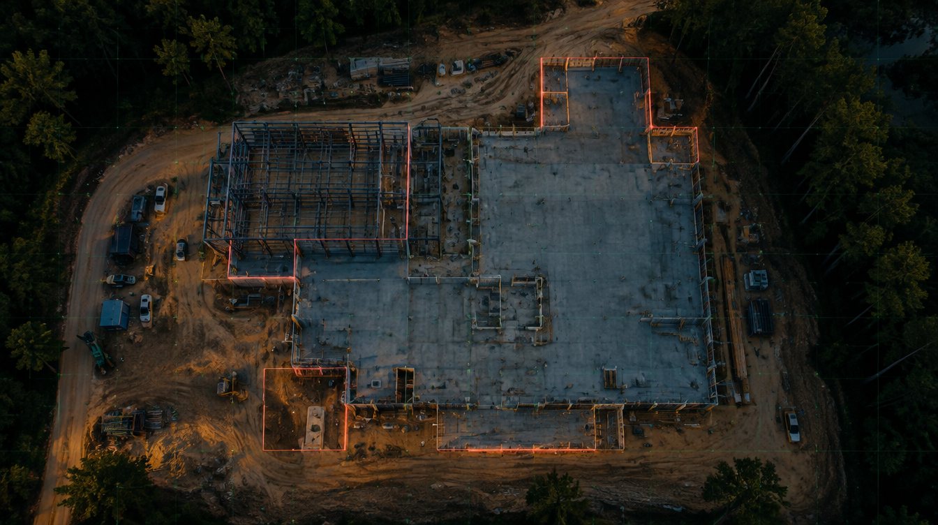 Overhead view of a construction site at dusk with the areas that changed since the last visit outlined.